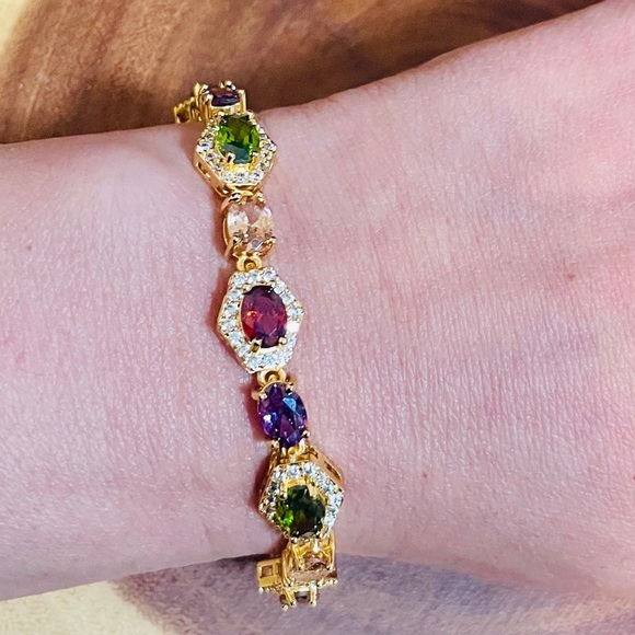18K Gold Filled Multicolor Gemstone CZ Tennis Bracelet Red Green Purple Pink New - Picture 3 of 12